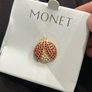 Vintage MONET Lady Bug Pin Brooch Red White and Black Rhinestones new